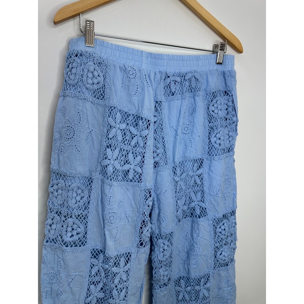 Altar'd State Hibiscus Patchwork Crochet Pants Light Blue Large Wide Leg Boho - Picture 5 of 12